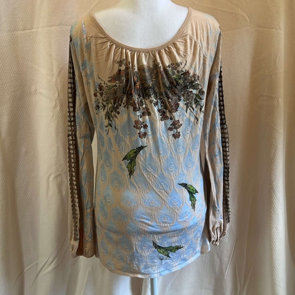 Butterfly dropout🦋Vintage tan/blue peacock feather print with fall floral top. - Picture 7 of 12
